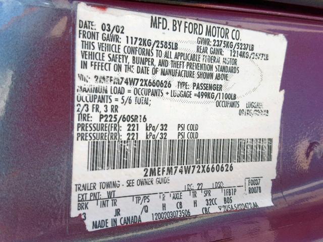 2MEFM74W72X660626 - 2002 MERCURY GRAND MARQ PURPLE photo 10