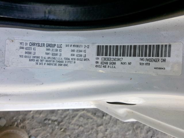 1C3BCBEB1CN218417 - 2012 CHRYSLER 200 TOURIN WHITE photo 10