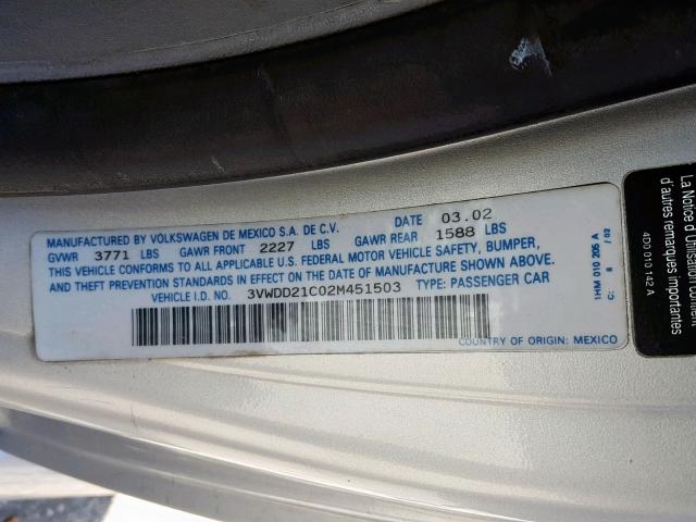 3VWDD21C02M451503 - 2002 VOLKSWAGEN NEW BEETLE ვერცხლისფერი ფოტო 10