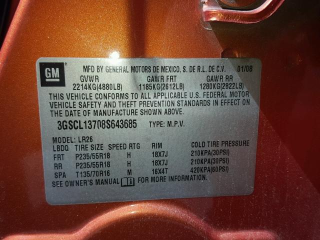 3GSCL13708S643685 - 2008 SATURN VUE REDLIN ORANGE photo 10