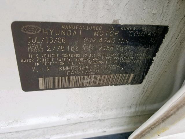 KMHFC46F97A142626 - 2007 HYUNDAI AZERA SE WHITE photo 10