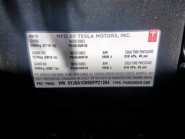 5YJSA1CN9DFP21394 - 2013 TESLA MODEL S Կանաչ լուսանկար 10