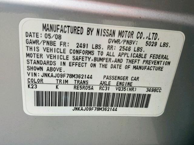 JNKAJ09F78M362144 - 2008 INFINITI EX35 BASE SILVER photo 10