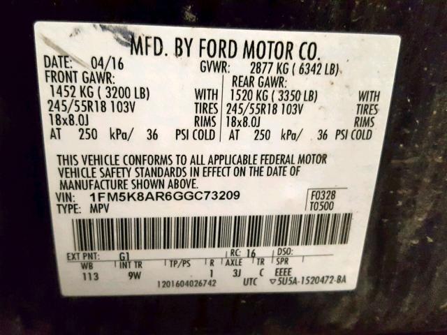 1FM5K8AR6GGC73209 - 2016 FORD EXPLORER P BLACK photo 10