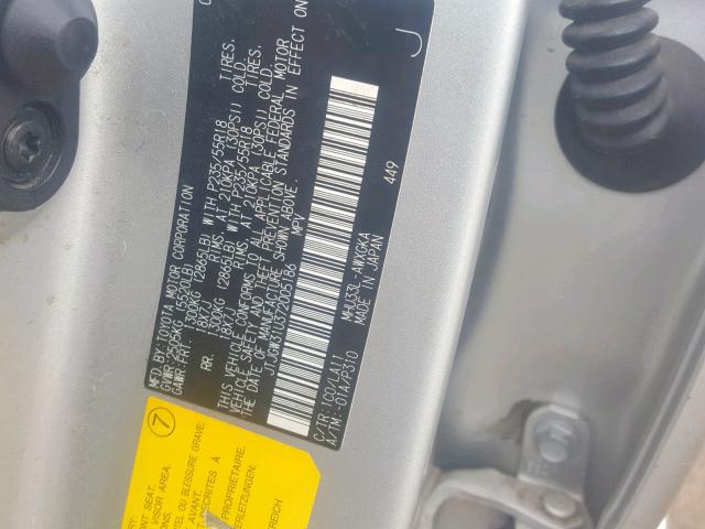 JTJGW31U372005186 - 2007 LEXUS RX 400H SILVER photo 10