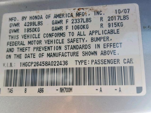 1HGCP26458A022436 - 2008 HONDA ACCORD LXP SILVER photo 10