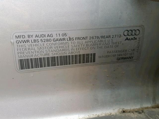 WAUDH74F16N107701 - 2006 AUDI A6 3.2 QUA SILVER photo 10