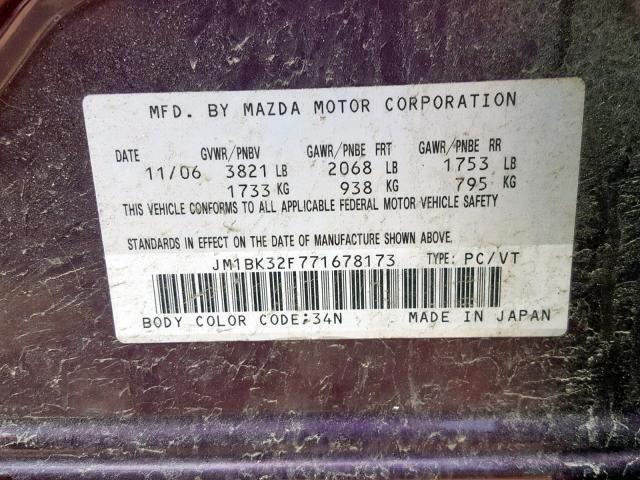 JM1BK32F771678173 - 2007 MAZDA 3 I PURPLE photo 10