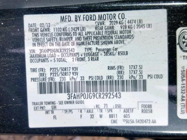 3FAHP0JG9CR292543 - 2012 FORD FUSION SEL BLACK photo 10