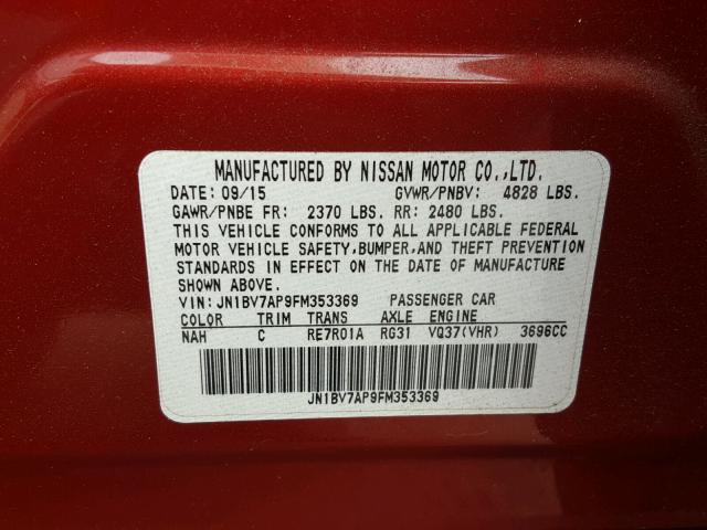 JN1BV7AP9FM353369 - 2015 INFINITI Q50 BASE RED photo 10