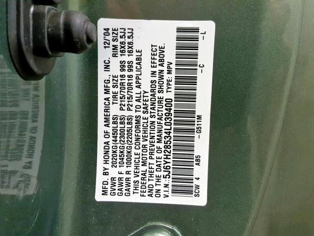 5J6YH28534L039400 - 2004 HONDA ELEMENT EX GREEN photo 10