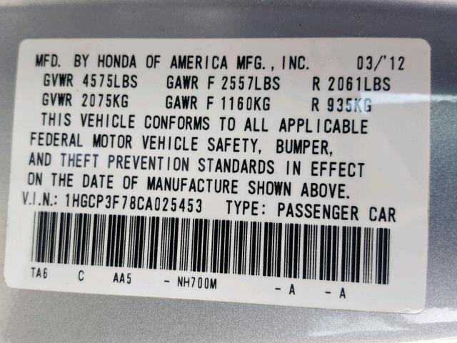 1HGCP3F78CA025453 - 2012 HONDA ACCORD EX SILVER photo 10