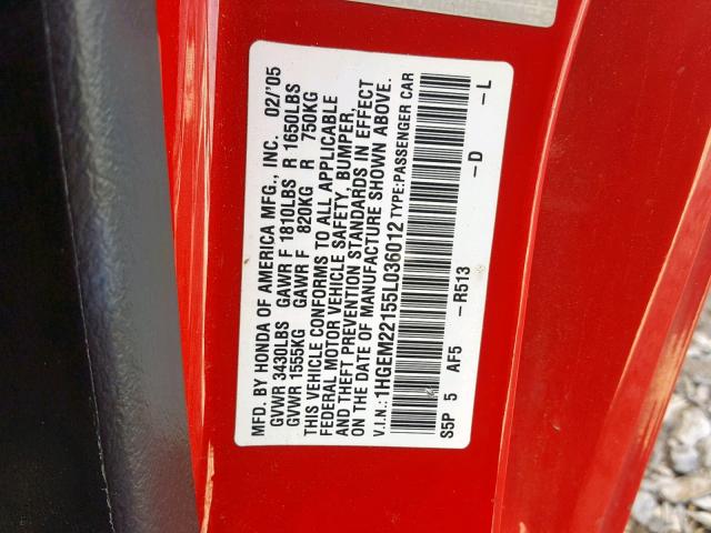 1HGEM22155L036012 - 2005 HONDA CIVIC DX V RED photo 10