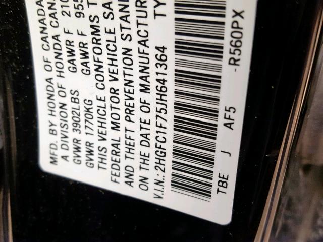 2HGFC1F75JH641364 - 2018 HONDA CIVIC EXL BLACK photo 10