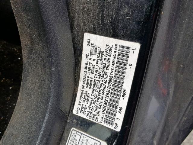 1HGEM21263L040805 - 2003 HONDA CIVIC DX BLACK photo 10