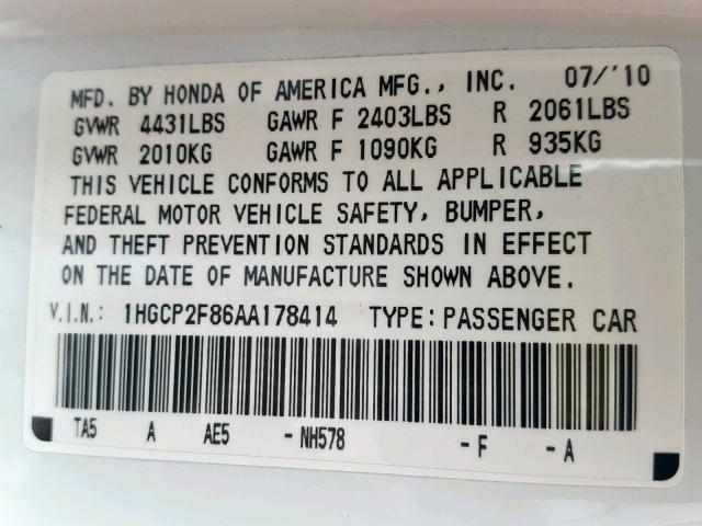 1HGCP2F86AA178414 - 2010 HONDA ACCORD EXL WHITE photo 10