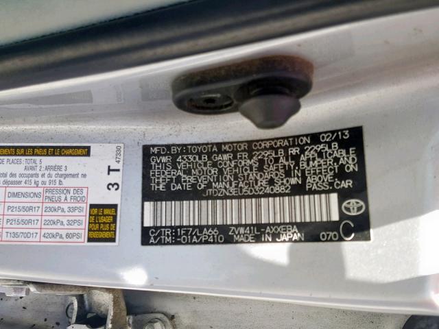 JTDZN3EU5D3240882 - 2013 TOYOTA PRIUS V SILVER photo 10