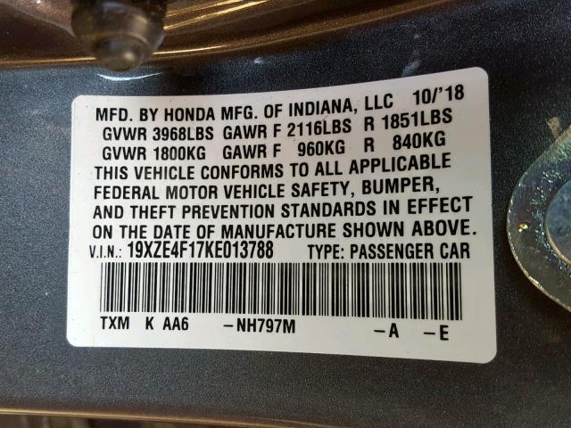 19XZE4F17KE013788 - 2019 HONDA INSIGHT LX GRAY photo 10