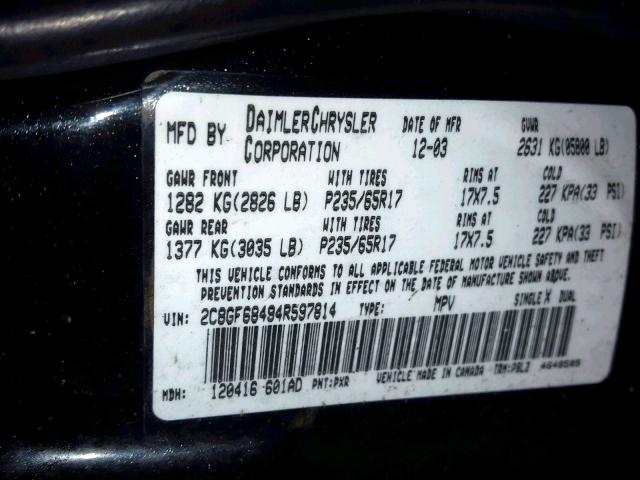 2C8GF68494R597814 - 2004 CHRYSLER PACIFICA BLACK photo 10