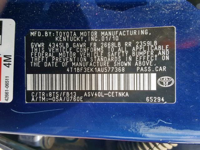 4T1BF3EK1AU577368 - 2010 TOYOTA CAMRY BASE BLUE photo 10