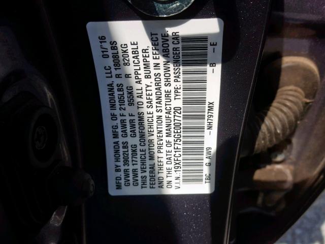 19XFC1F75GE007720 - 2016 HONDA CIVIC EXL 灰色 照片 10