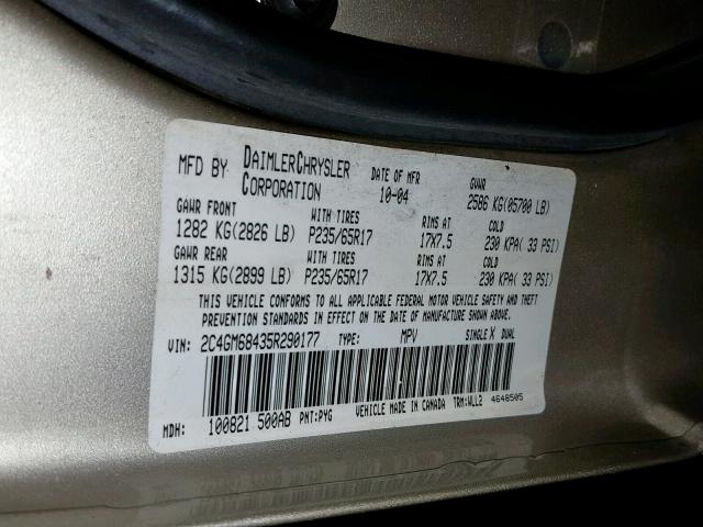 2C4GM68435R290177 - 2005 CHRYSLER PACIFICA T GOLD photo 10