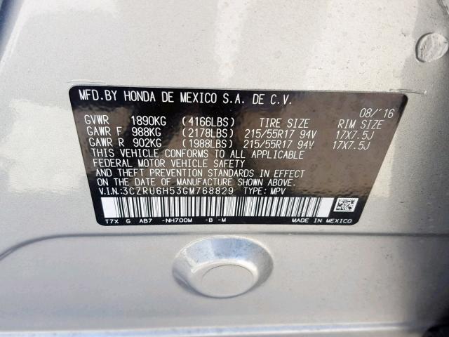 3CZRU6H53GM768829 - 2016 HONDA HR-V EX SILVER photo 10