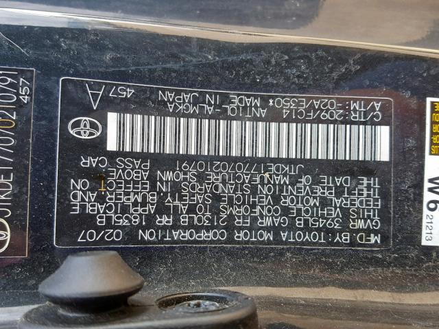 JTKDE177070210791 - 2007 TOYOTA SCION TC BLACK photo 10