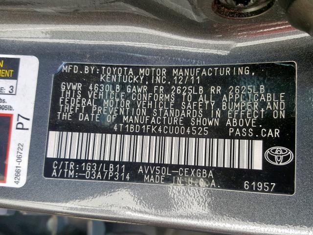 4T1BD1FK4CU004525 - 2012 TOYOTA CAMRY HYBR GREEN photo 10