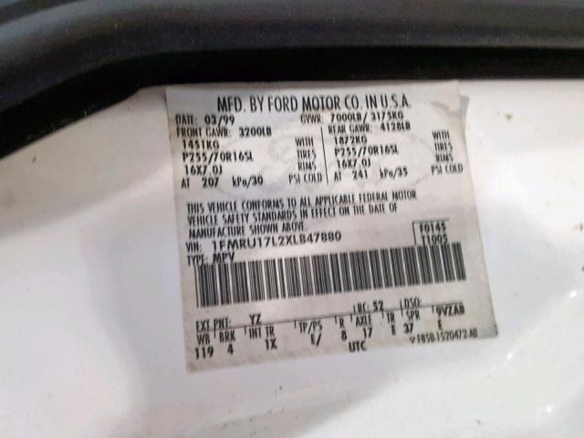 1FMRU17L2XLB47880 - 1999 FORD EXPEDITION WHITE photo 10