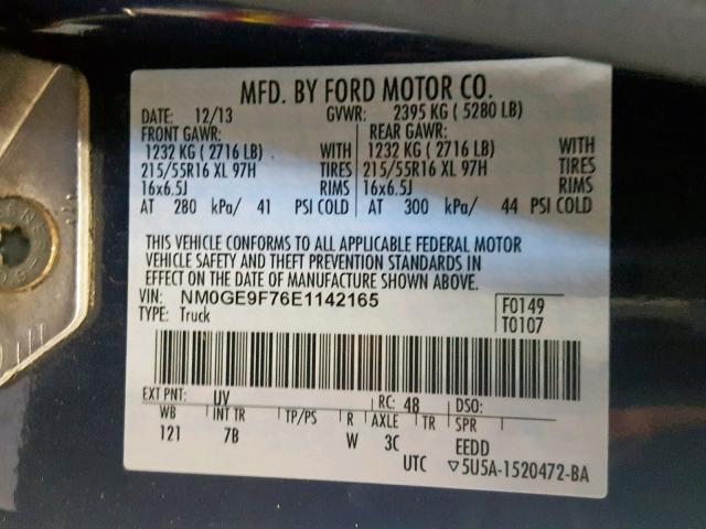 NM0GE9F76E1142165 - 2014 FORD TRANSIT CO BLUE photo 10