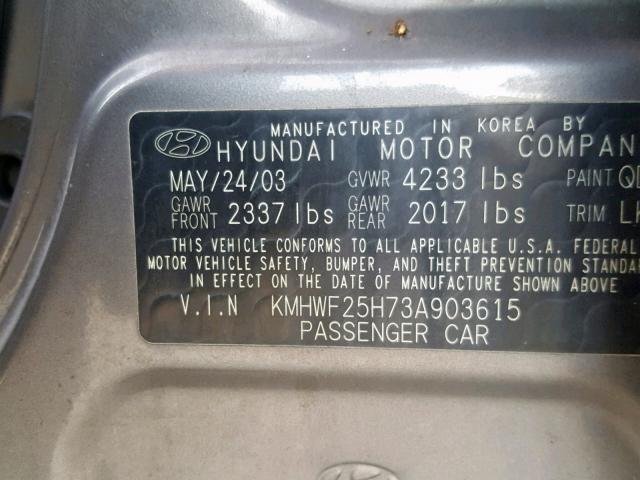 KMHWF25H73A903615 - 2003 HYUNDAI SONATA GL SILVER photo 10