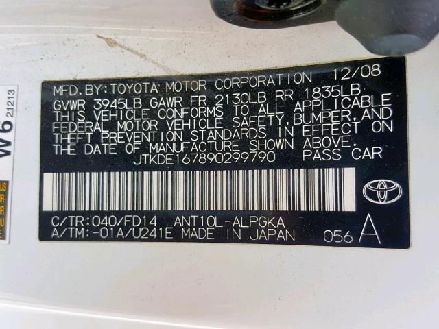 JTKDE167890299790 - 2009 TOYOTA SCION TC WHITE photo 10