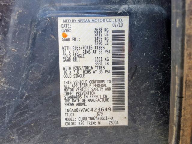 1N6AD0FV7AC423649 - 2010 NISSAN FRONTIER C CHARCOAL photo 10