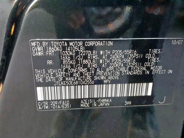 JTLKE50E681042556 - 2008 TOYOTA SCION BLACK photo 10