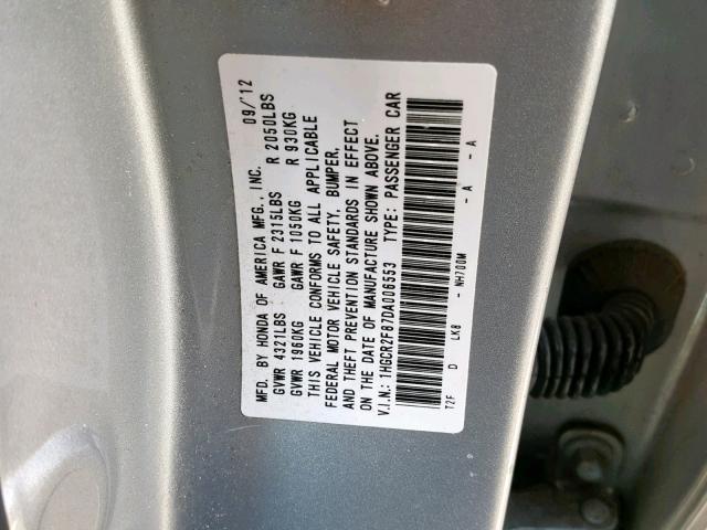 1HGCR2F87DA006553 - 2013 HONDA ACCORD EXL SILVER photo 10