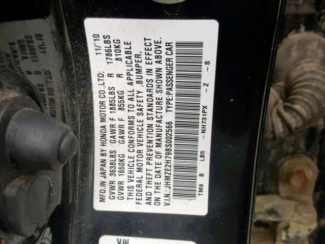 JHMZE2H79BS002566 - 2011 HONDA INSIGHT EX BLACK photo 10