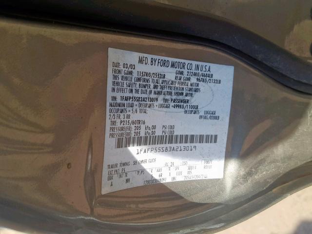 1FAFP55S83A213019 - 2003 FORD TAURUS SES GREEN photo 10