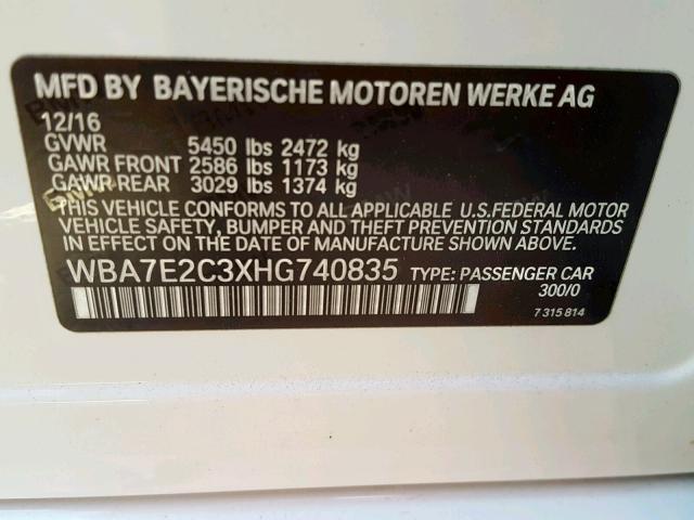 WBA7E2C3XHG740835 - 2017 BMW 740 I WHITE photo 10