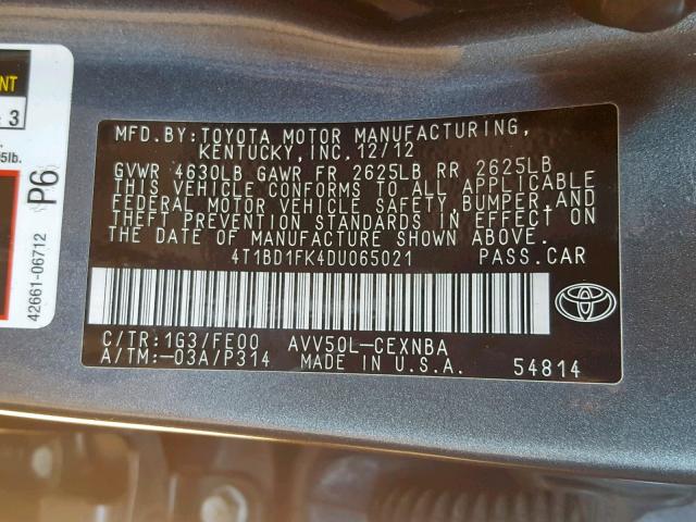 4T1BD1FK4DU065021 - 2013 TOYOTA CAMRY HYBR GRAY photo 10