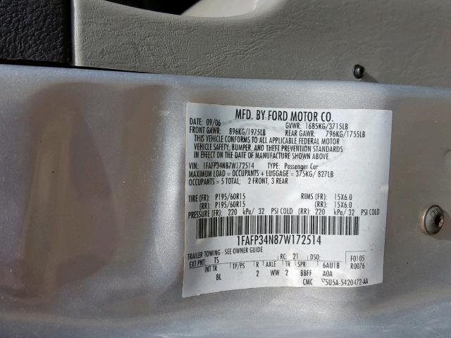 1FAFP34N87W172514 - 2007 FORD FOCUS ZX4 SILVER photo 10