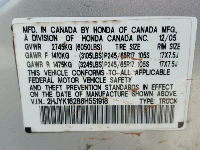 2HJYK16286H551918 - 2006 HONDA RIDGELINE SILVER photo 10