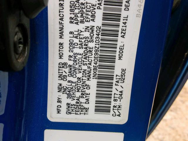 1NXBE40E99Z103402 - 2009 TOYOTA COROLLA XR BLUE photo 10