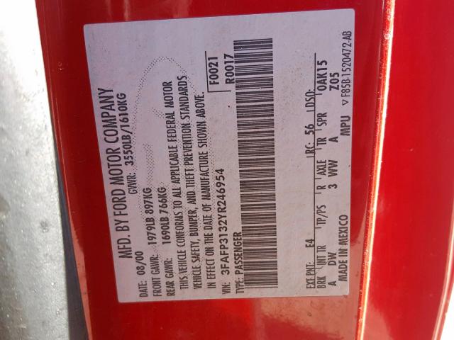 3FAFP3132YR246954 - 2000 FORD FOCUS ZX3 RED photo 10