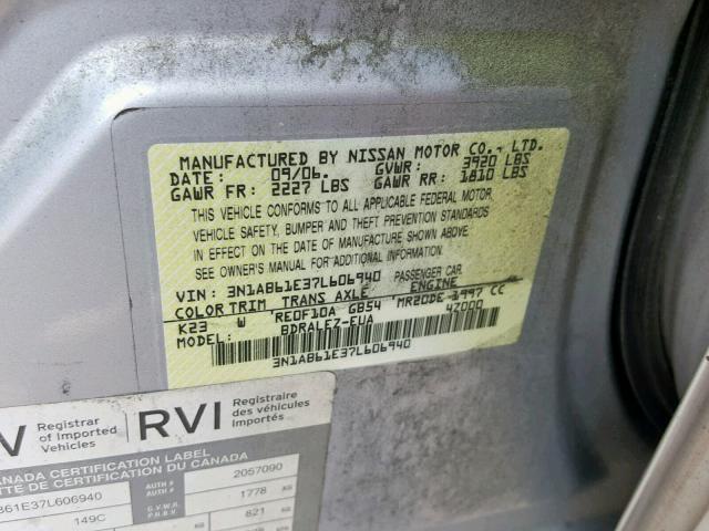 3N1AB61E37L606940 - 2007 NISSAN SENTRA 2.0 SILVER photo 10