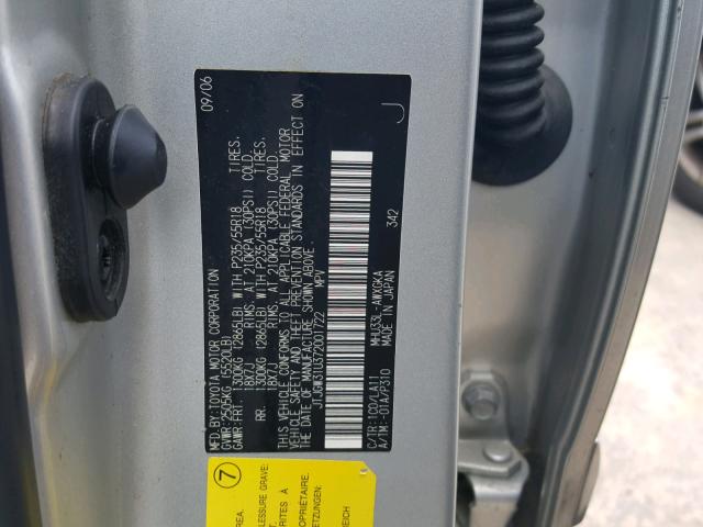 JTJGW31U372001722 - 2007 LEXUS RX 400H SILVER photo 10