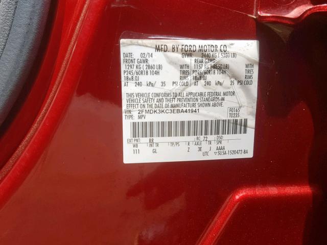 2FMDK3KC3EBA41941 - 2014 FORD EDGE LIMIT MAROON photo 10