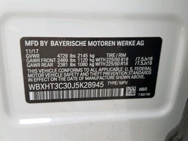 WBXHT3C30J5K28945 - 2018 BMW X1 XDRIVE2 WHITE photo 10