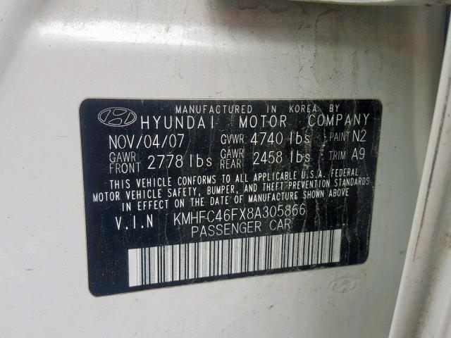 KMHFC46FX8A305866 - 2008 HYUNDAI AZERA SE WHITE photo 10