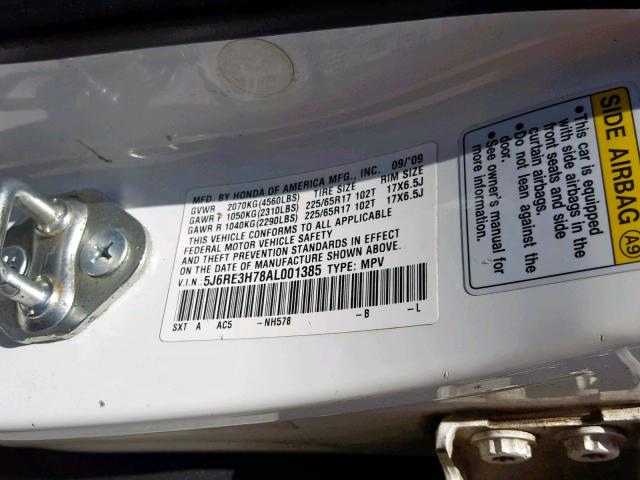 5J6RE3H78AL001385 - 2010 HONDA CR-V EXL WHITE photo 10